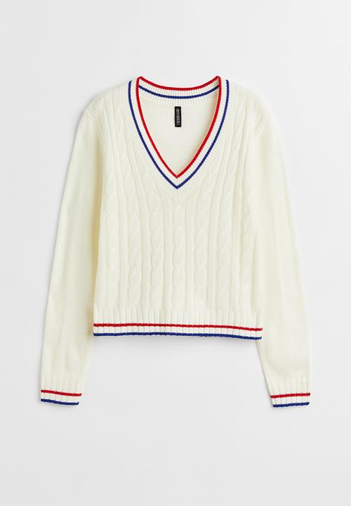 H&M - V-neck cable-knit jumper - cream/bright blue