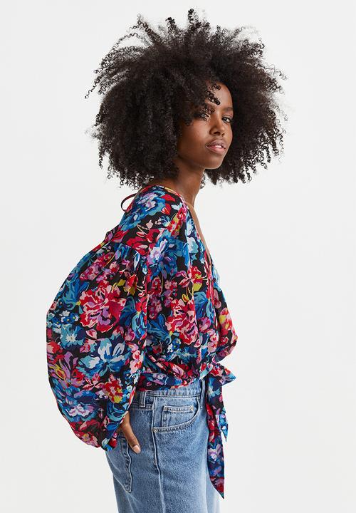 H&M - Tie-detail blouse - black/floral