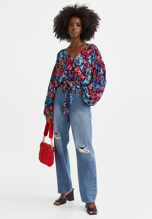 H&M - Tie-detail blouse - black/floral
