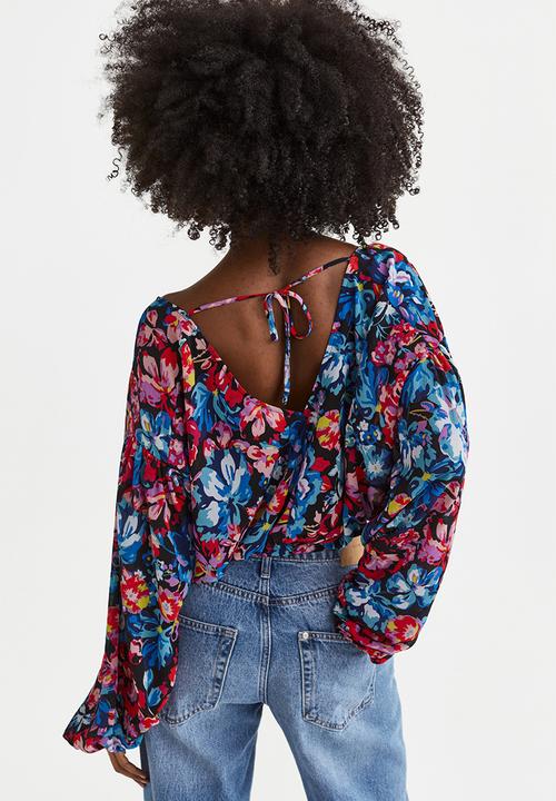 H&M - Tie-detail blouse - black/floral