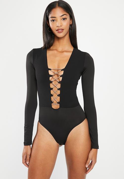 SISSY BOY - Long sleeve bodysuit with lace up trim - black