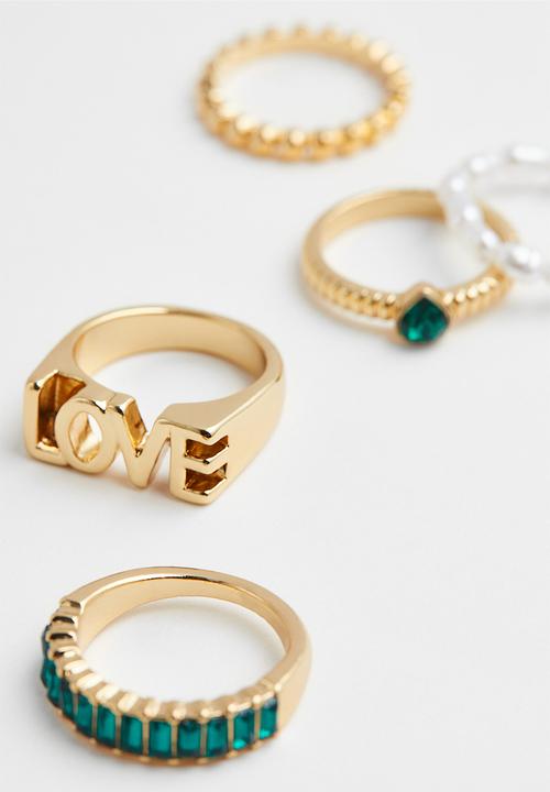 H&M - 5-Pack rings - gold-coloured/green