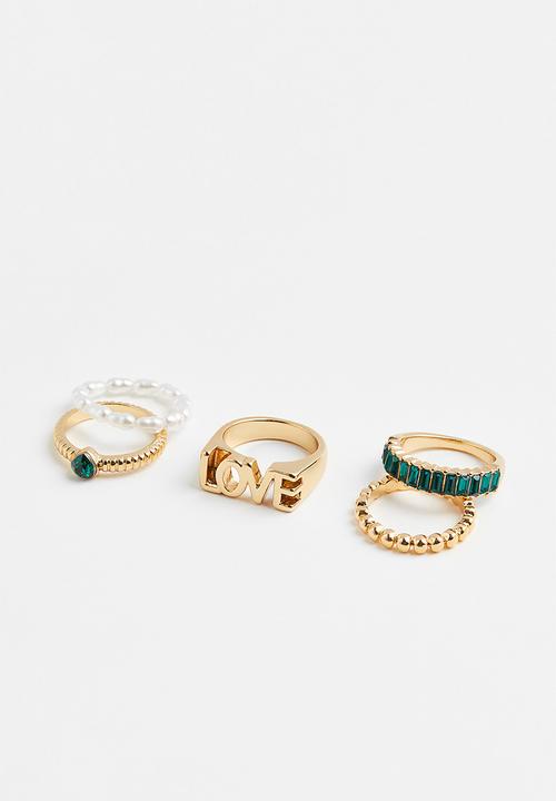 H&M - 5-Pack rings - gold-coloured/green