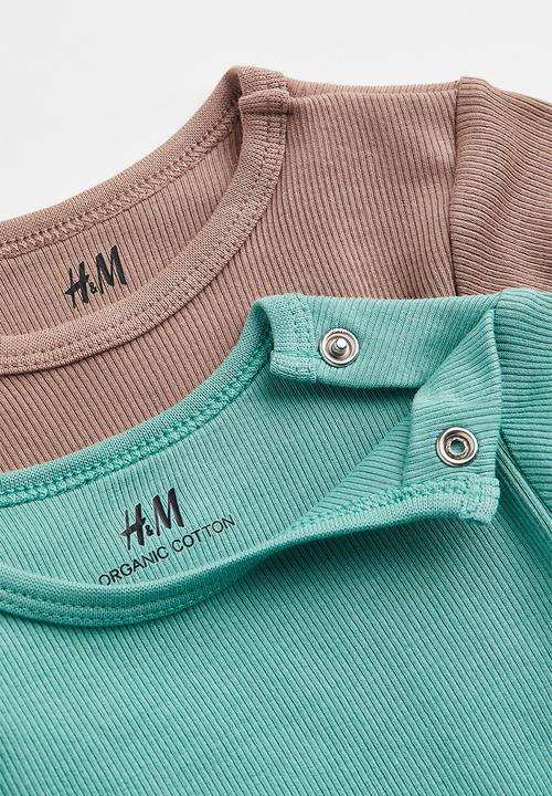 H&M - 2-pack adjustable-fit long-sleeved bodysuits - green/dark beige