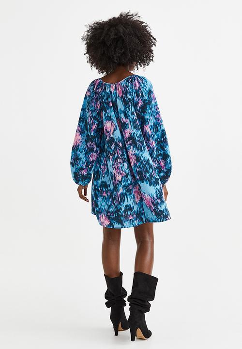H&M - Balloon-sleeved crêpe dress - blue/patterned