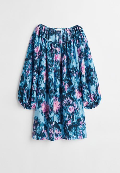 H&M - Balloon-sleeved crêpe dress - blue/patterned