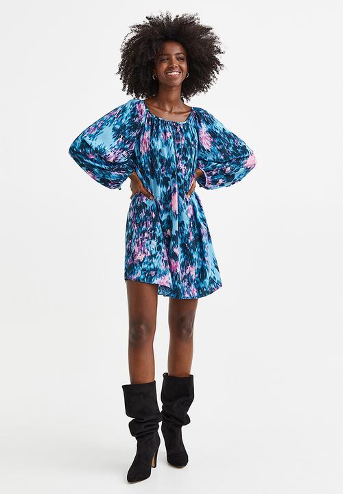 H&M - Balloon-sleeved crêpe dress - blue/patterned