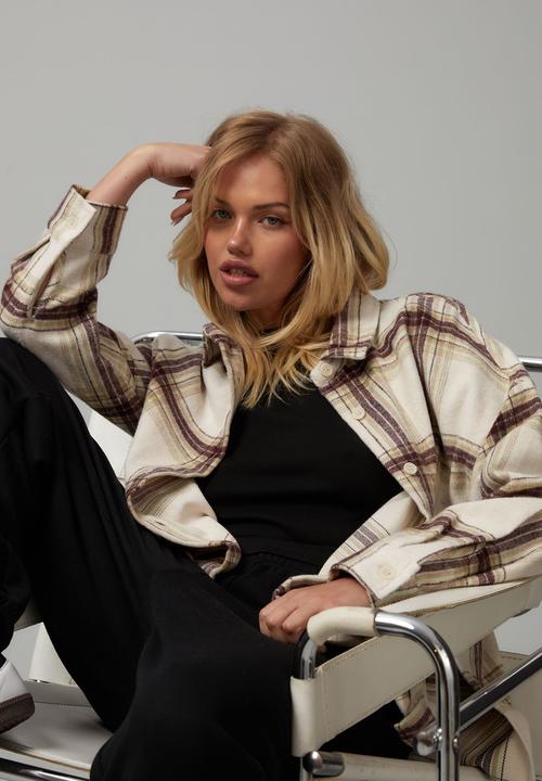 Factorie - Oversize long sleeve check shirt - light stone check