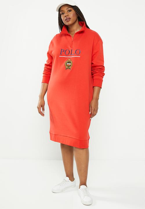 POLO - Plus women quarter zip long sleeve sweat dress - red