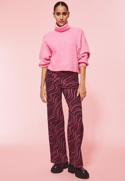 H&M - Wide twill trousers - plum purple/patterned