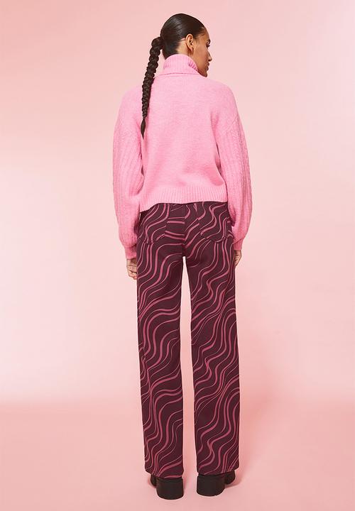H&M - Wide twill trousers - plum purple/patterned