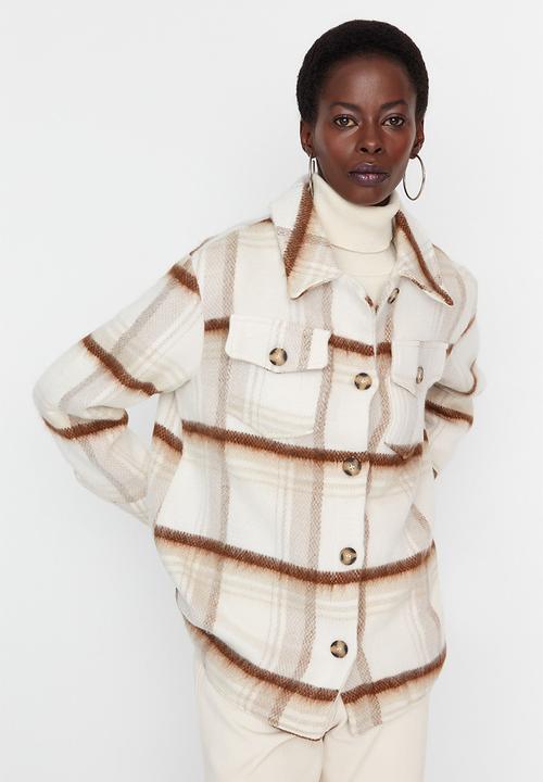 Trendyol - Plaid oversized coat - ecru