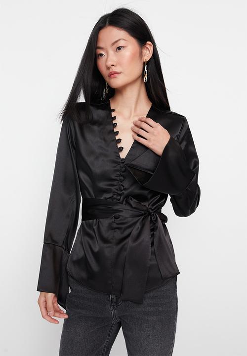 Trendyol - Button detail tie waist blouse - black