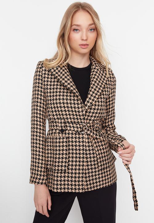 Trendyol - Houndstooth tie blazer jacket - beige