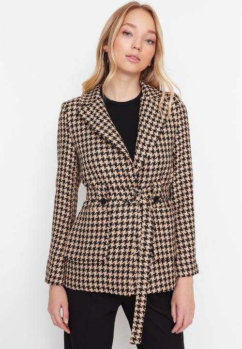 Trendyol - Houndstooth tie blazer jacket - beige