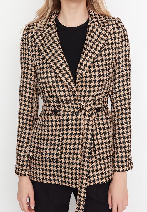 Trendyol - Houndstooth tie blazer jacket - beige