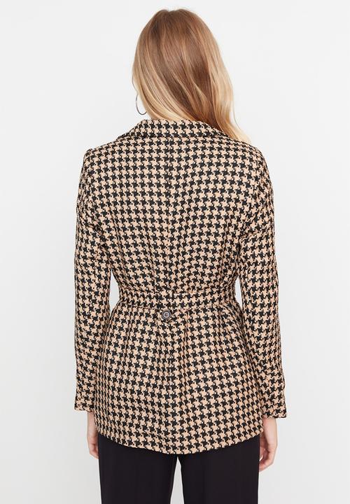 Trendyol - Houndstooth tie blazer jacket - beige
