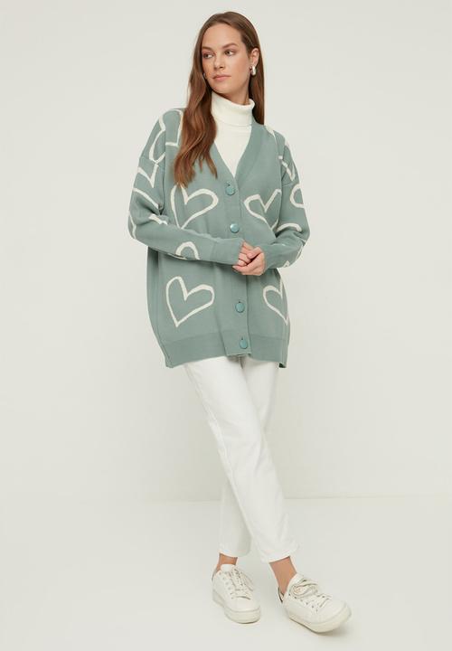 Trendyol - V neck heart patterned cardigan - mint