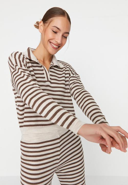 Trendyol - Crop striped knitwear bottom-top set - mink
