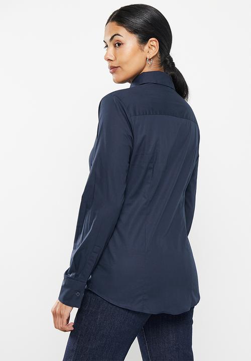 POLO - Wmn basic shirt long sleeve concealed front shirt - navy