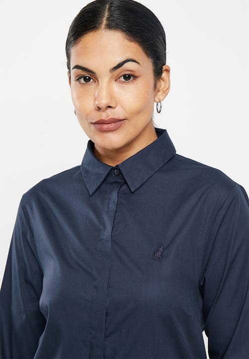 POLO - Wmn basic shirt long sleeve concealed front shirt - navy