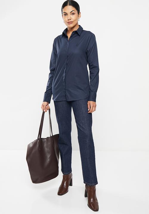 POLO - Wmn basic shirt long sleeve concealed front shirt - navy