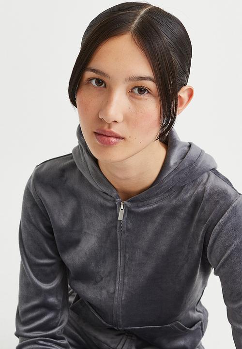 H&M - Velour zip-through hoodie - dark grey