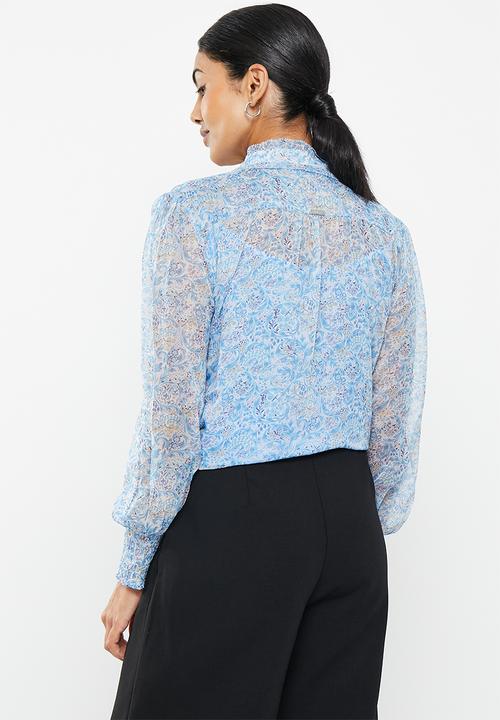 Pringle of Scotland - Printed frill blouse - blue