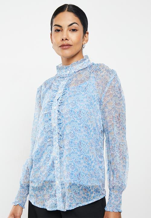 Pringle of Scotland - Printed frill blouse - blue