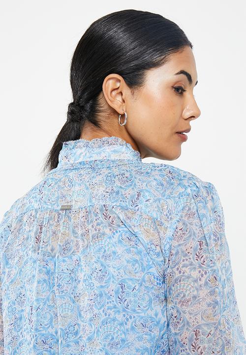 Pringle of Scotland - Printed frill blouse - blue