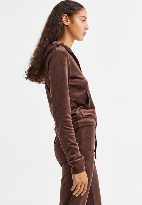 H&M - Velour zip-through hoodie - dark brown