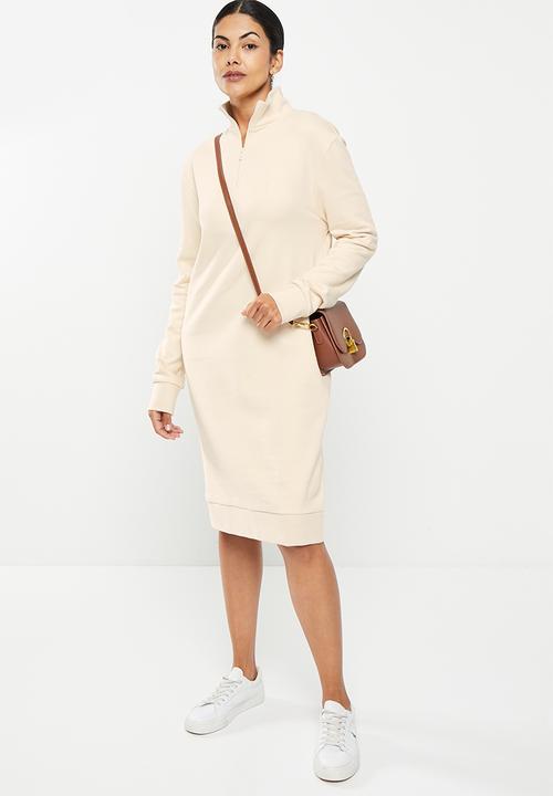 POLO - Wmn quarter zip long sleeve sweat dress - stone