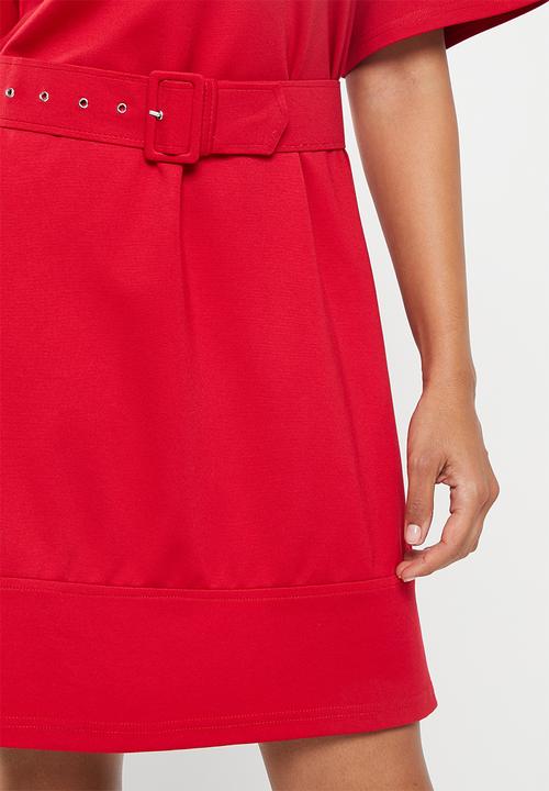 Me&B - Ponti belted turtle neck dress - red