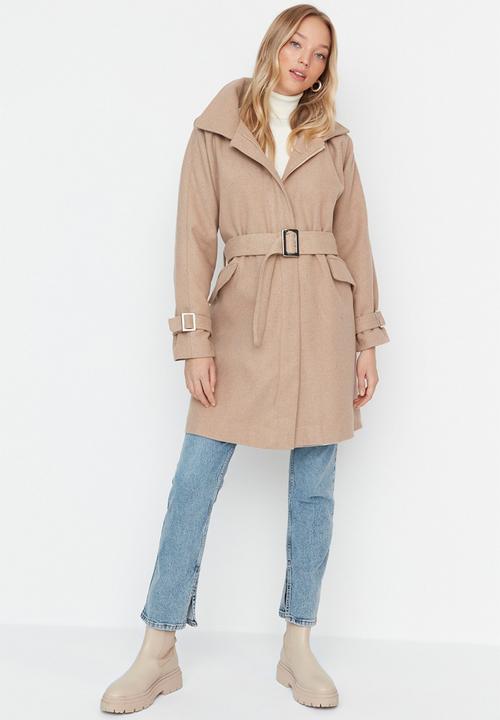 Trendyol - Belted oversized lined stamp coat - camel