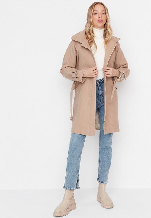 Trendyol - Belted oversized lined stamp coat - camel