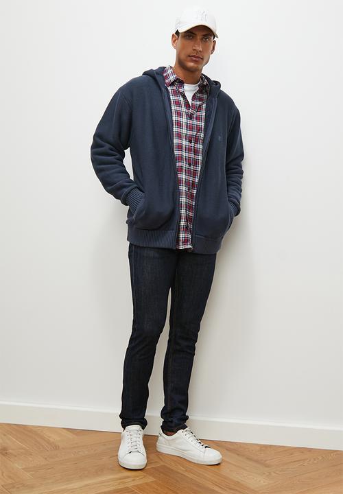 Lark & Crosse - Sherpa lined zip through knitwear - navy