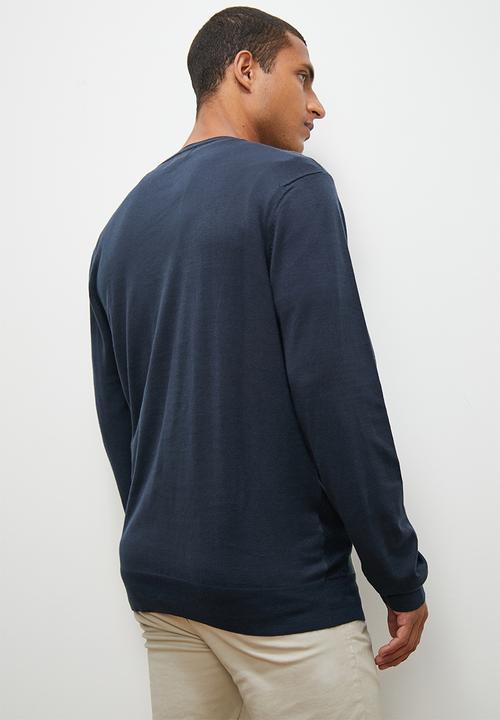 Lark & Crosse - Stripe pattern crew neck knit - navy & olive multi