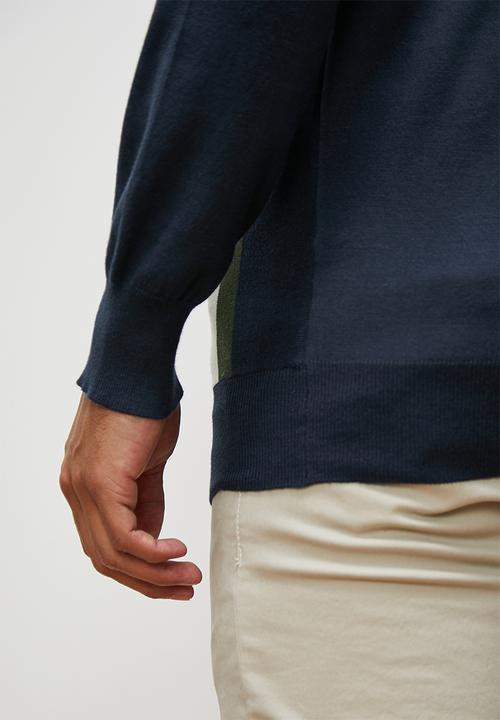 Lark & Crosse - Stripe pattern crew neck knit - navy & olive multi