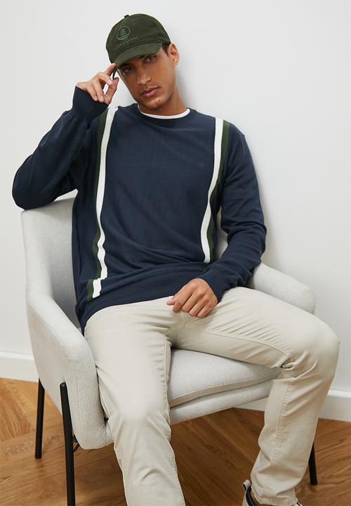 Lark & Crosse - Stripe pattern crew neck knit - navy & olive multi