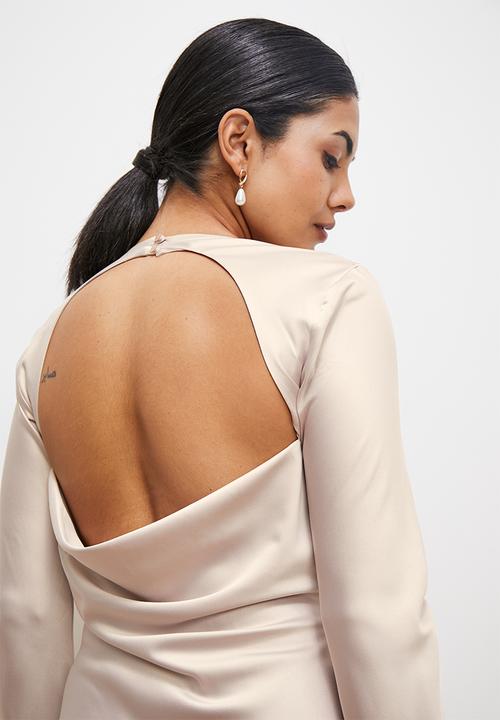 edit - Satin draped neckline maxi dress - oyster