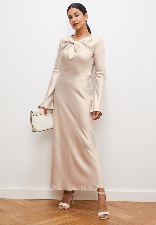 edit - Satin draped neckline maxi dress - oyster