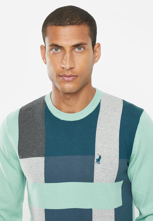 POLO - Mens colour block long sleeve knitwear - blue