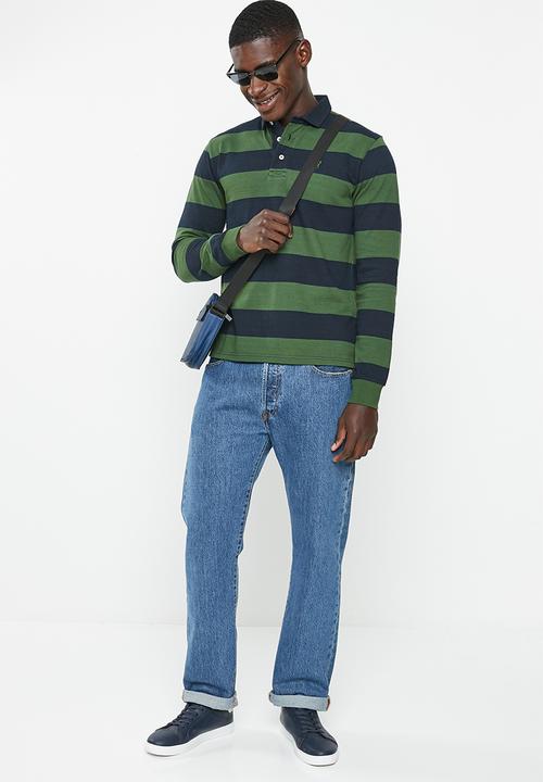 POLO - Mens rugby stripe long sleeve golfer - green