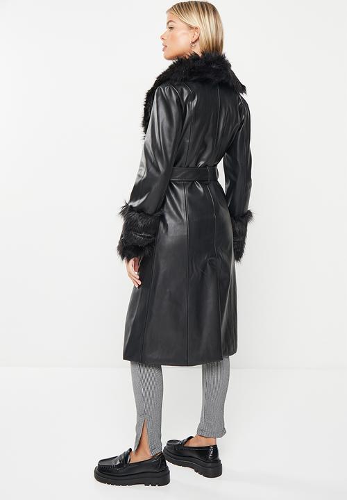 Me&B - PU trench with faux fur detail - black