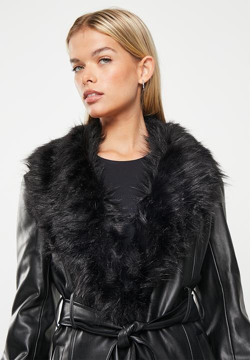 Me&B - PU trench with faux fur detail - black