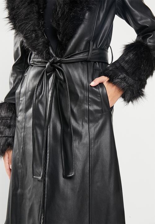 Me&B - PU trench with faux fur detail - black