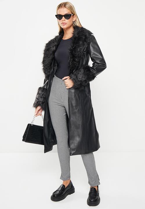 Me&B - PU trench with faux fur detail - black