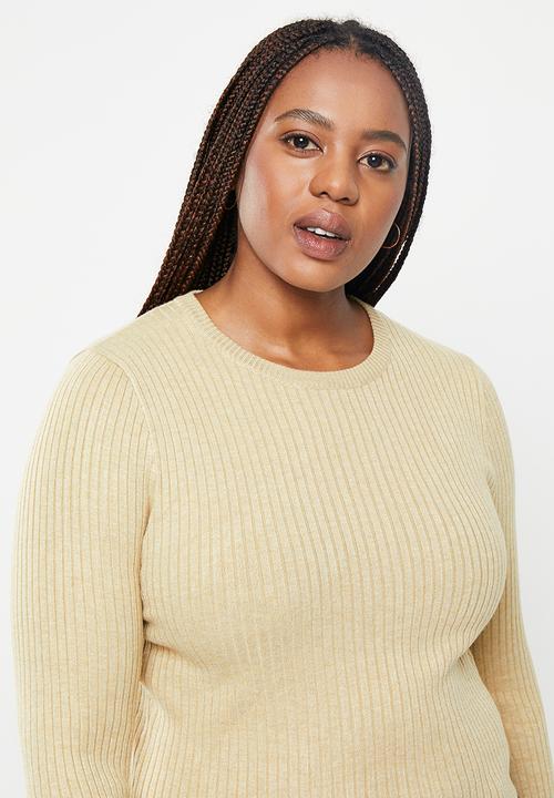 Cotton On - Plus urban rib crew neck top - mid taupe marle