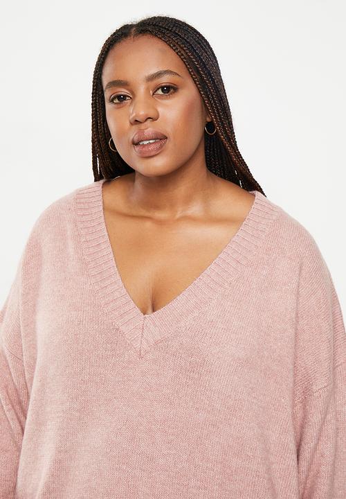 Cotton On - Plus blondie oversized v-neck pullover - dusty rose marle