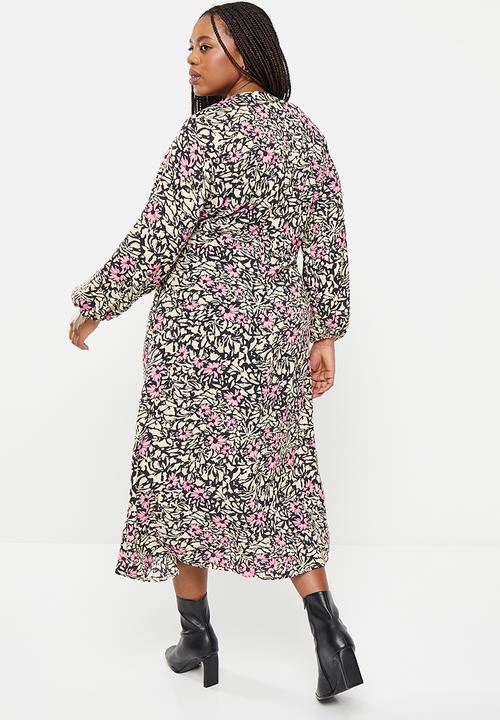 Me&B - Plus Tie Front Midi Dress  - black & white floral